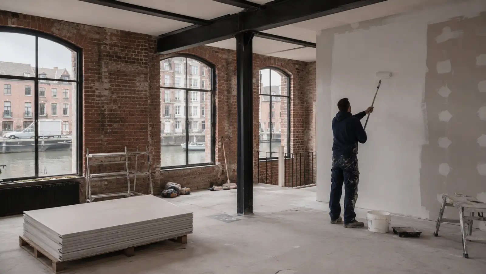 Rénovation peinture d'un loft en briques près du canal à Bruxelles