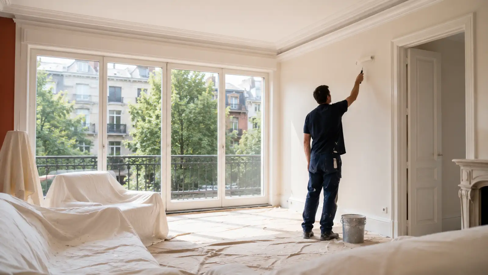 Peintre au travail dans un appartement lumineux d'une avenue bruxelloise