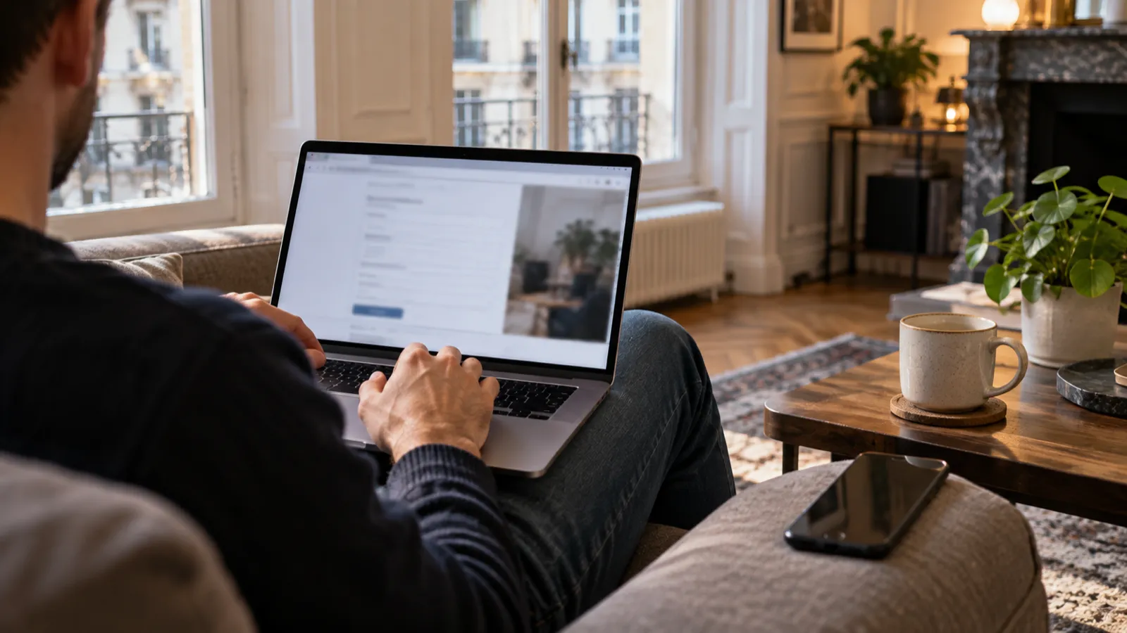Demande de devis de peinture envoyée en ligne depuis le salon d'un appartement bruxellois
