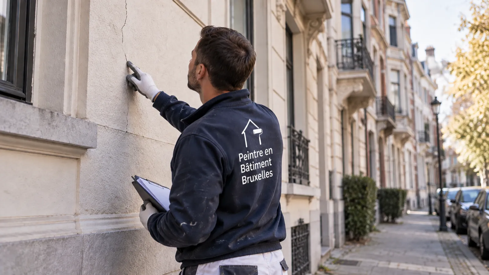 Peintre inspectant une fissure sur la façade d'une maison de maître bruxelloise avant travaux