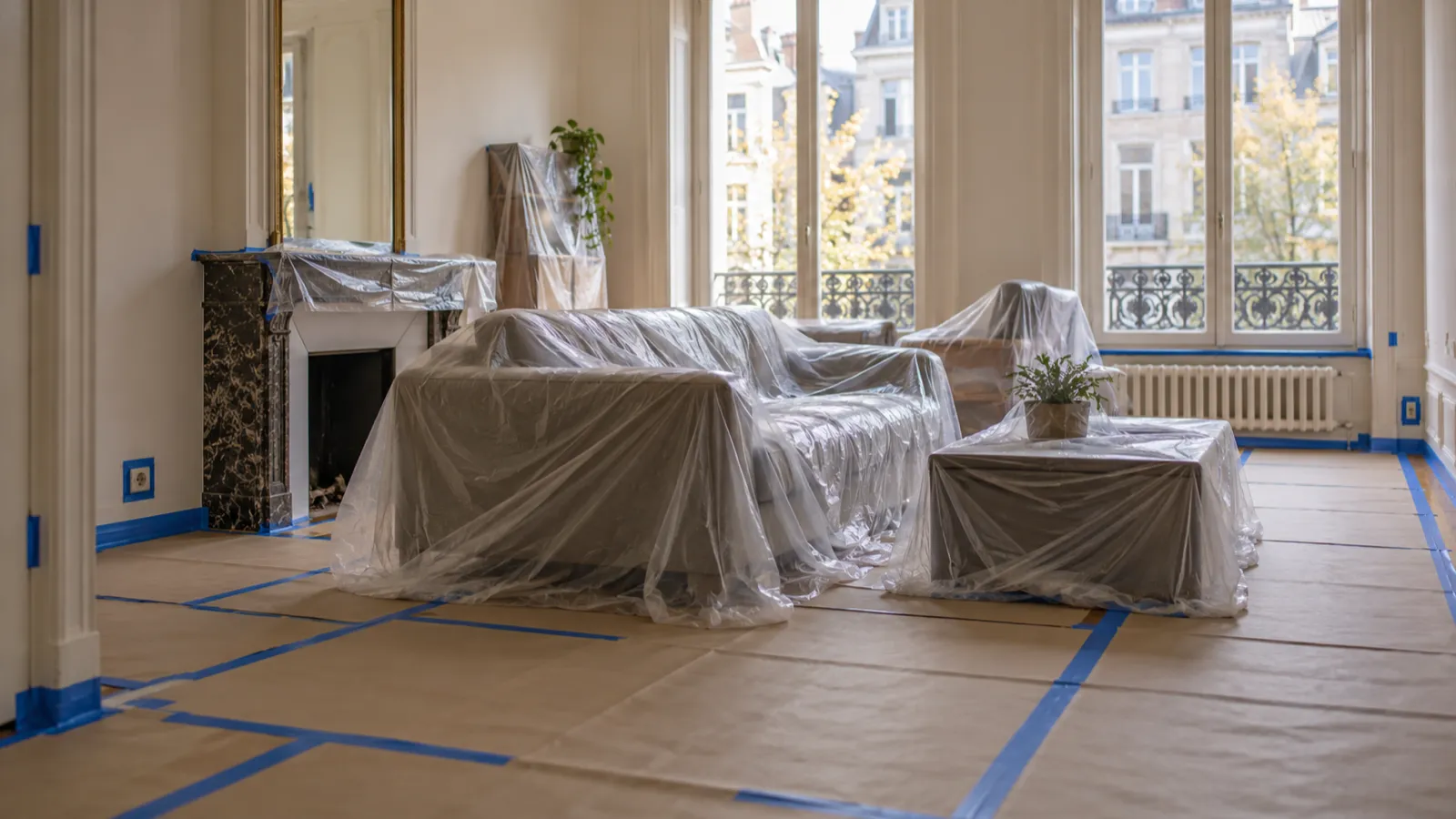 Salon bruxellois entièrement protégé avant peinture : meubles sous plastique, sols bâchés, plinthes masquées