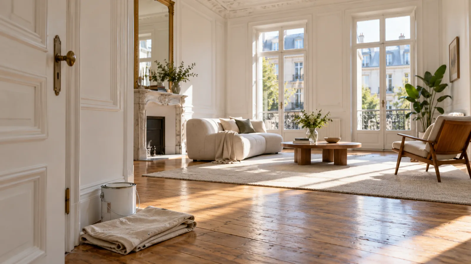 Salon fraîchement repeint et rendu propre dans une maison de maître bruxelloise