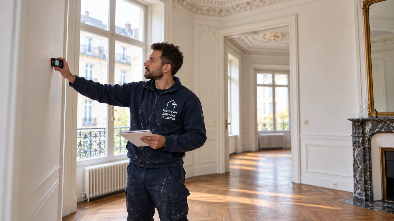 Peintre en bâtiment mesurant une pièce au télémètre laser lors de la visite d'un appartement bruxellois