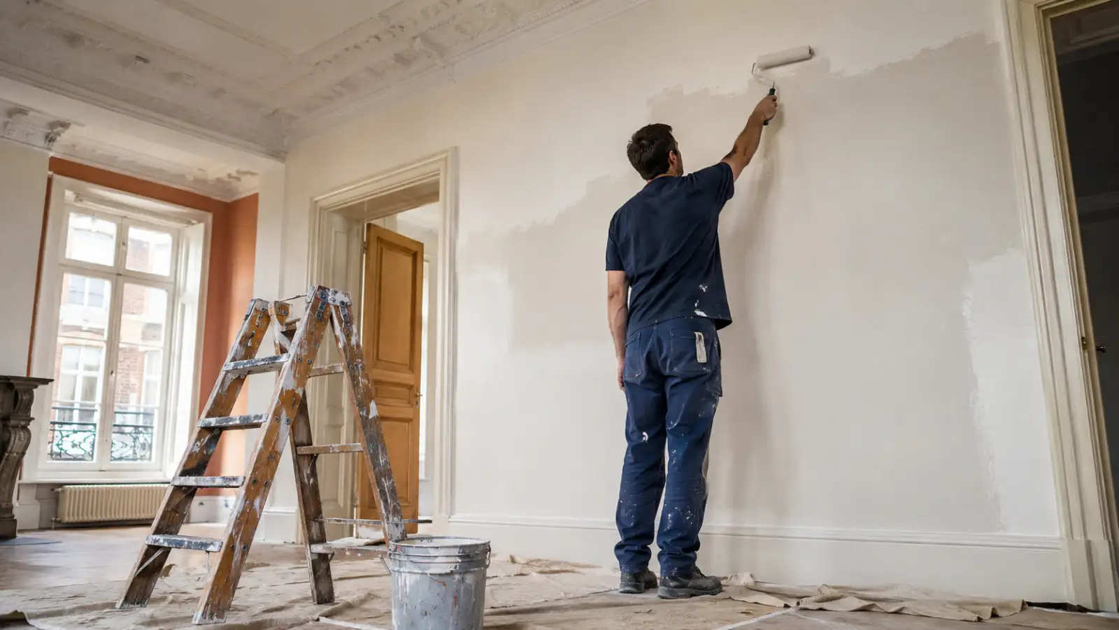Peintre en bâtiment appliquant la peinture au rouleau dans un salon bruxellois