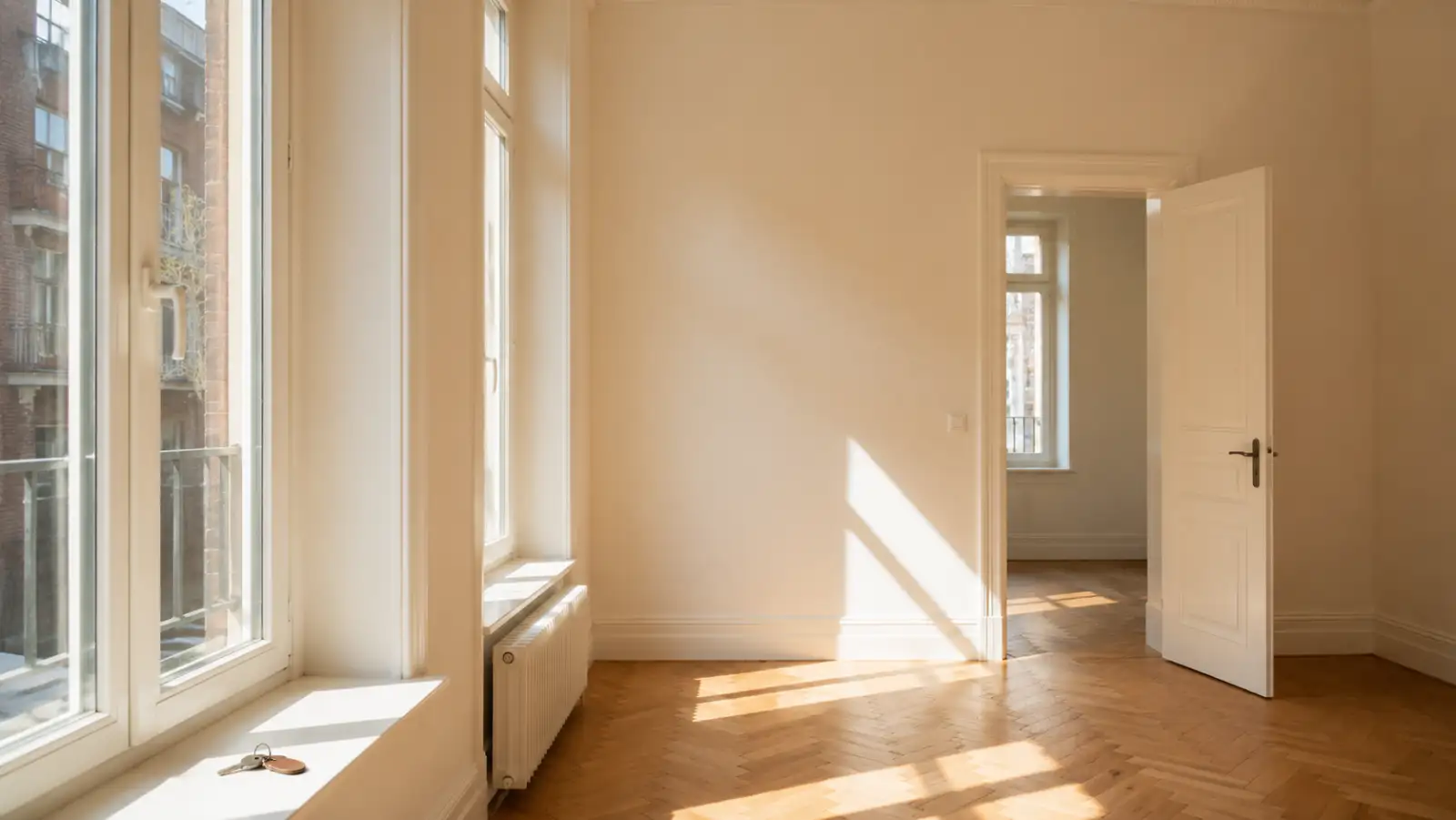 Appartement bruxellois vide repeint en blanc, prêt pour la mise en location