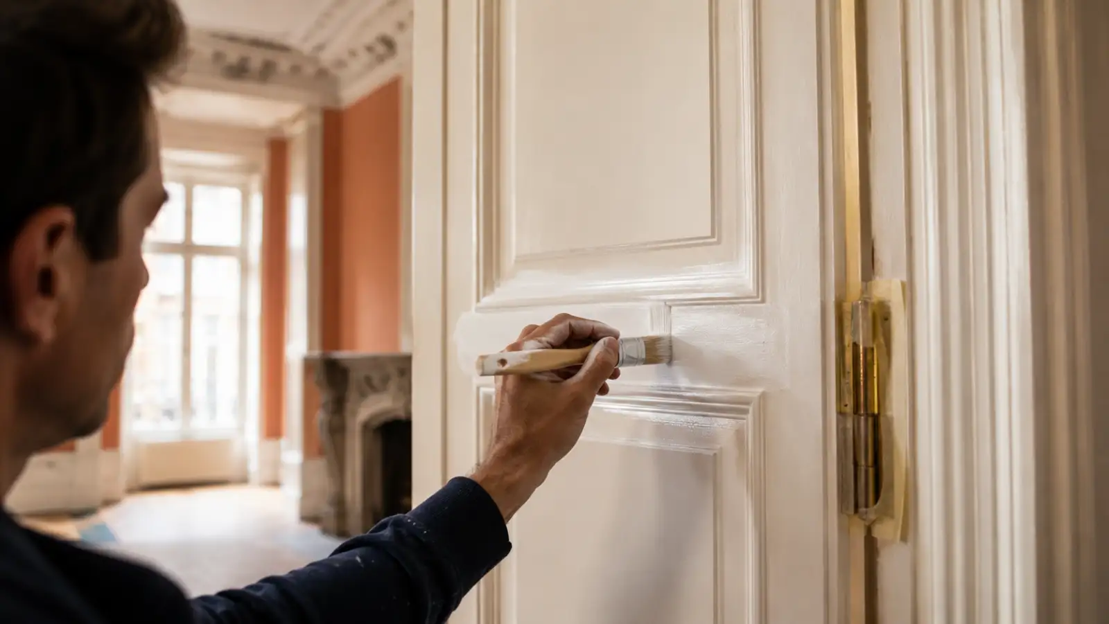Application d'une laque satinée blanche sur une porte intérieure à panneaux
