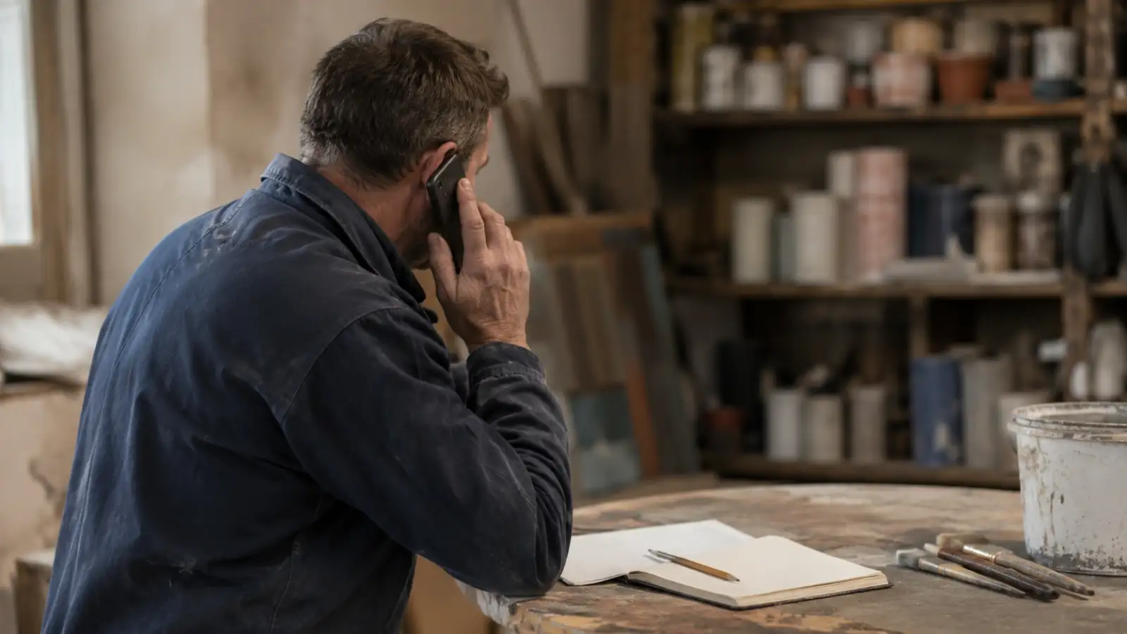 Artisan peintre répondant au téléphone dans son atelier