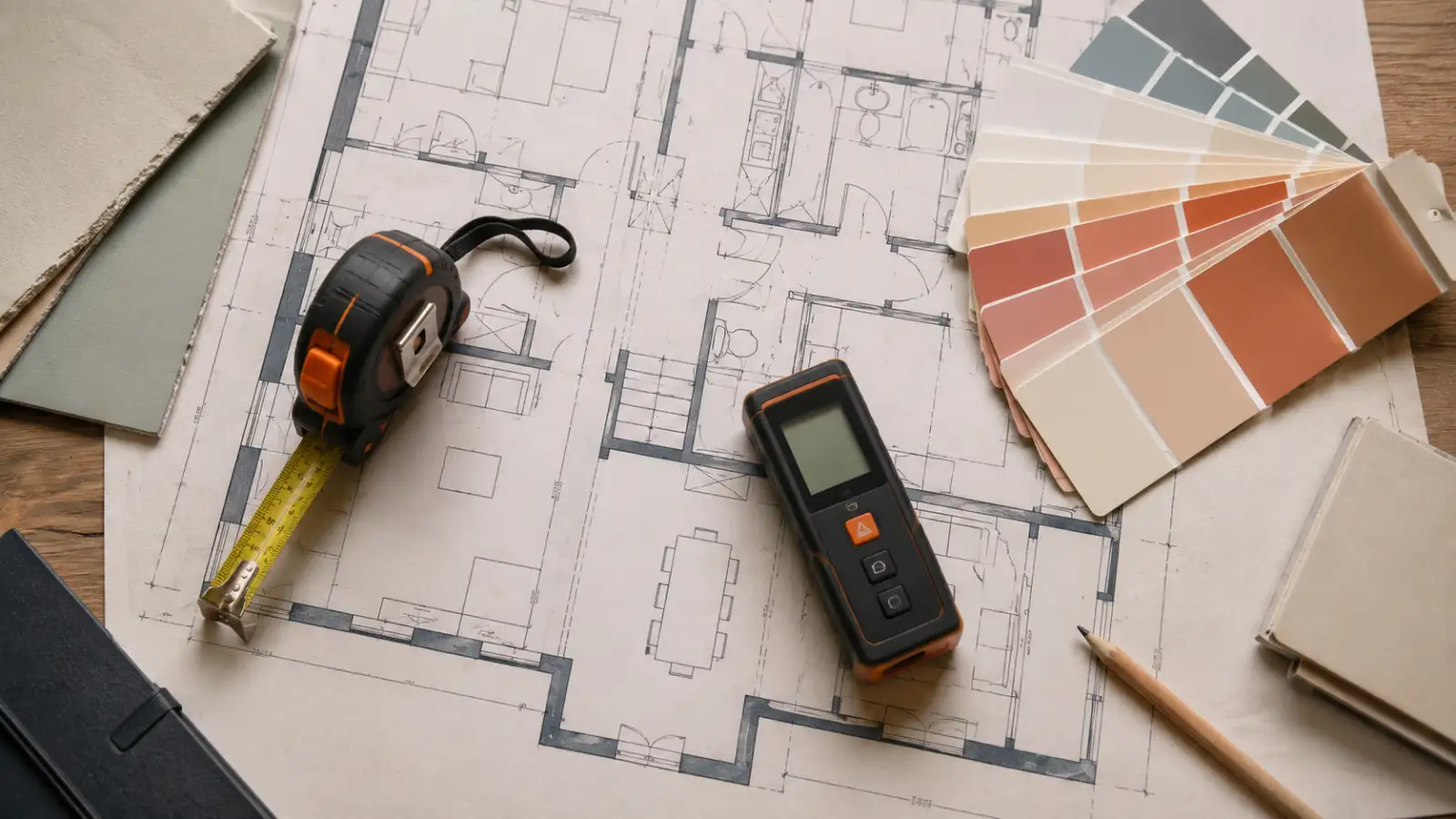 Devis de peinture préparé sur plan avec télémètre laser et nuancier de couleurs