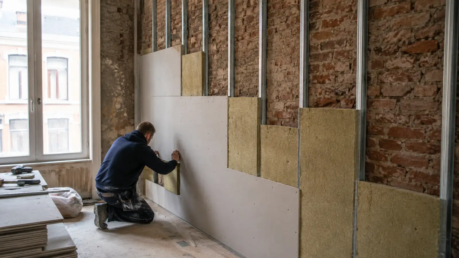 Doublage isolant d'un mur en briques anciennes avec panneaux et plaques de gyproc