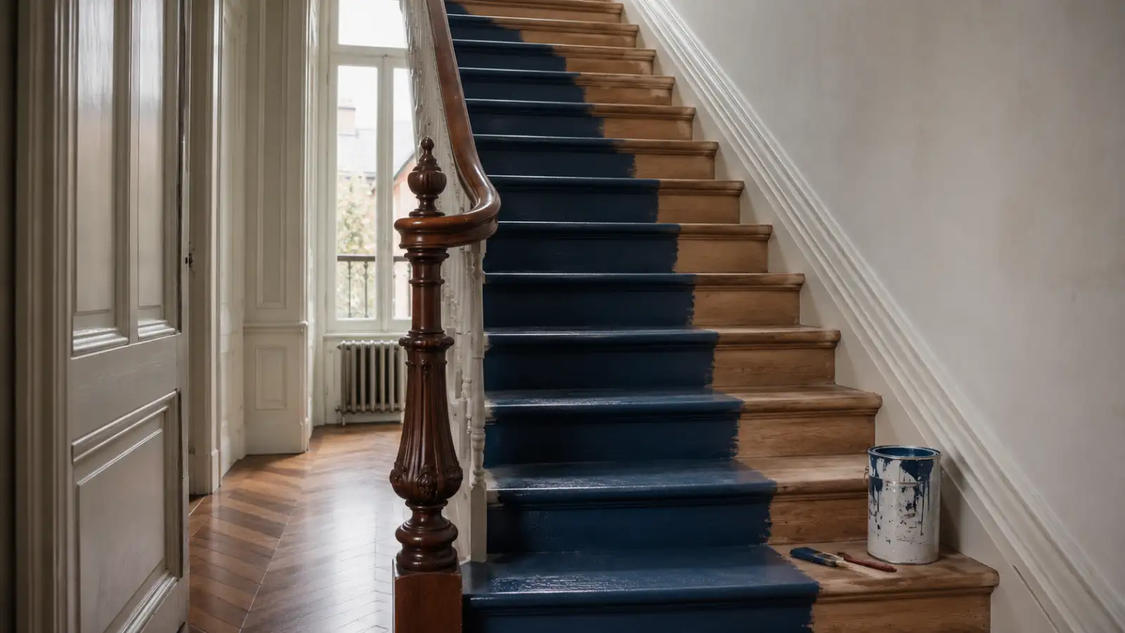 Escalier en bois d'une maison bruxelloise 1900 fraîchement mis en peinture