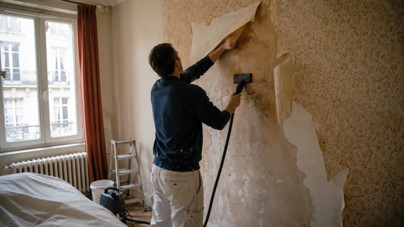 Décollage d'un ancien papier peint à la décolleuse vapeur avant remise en peinture