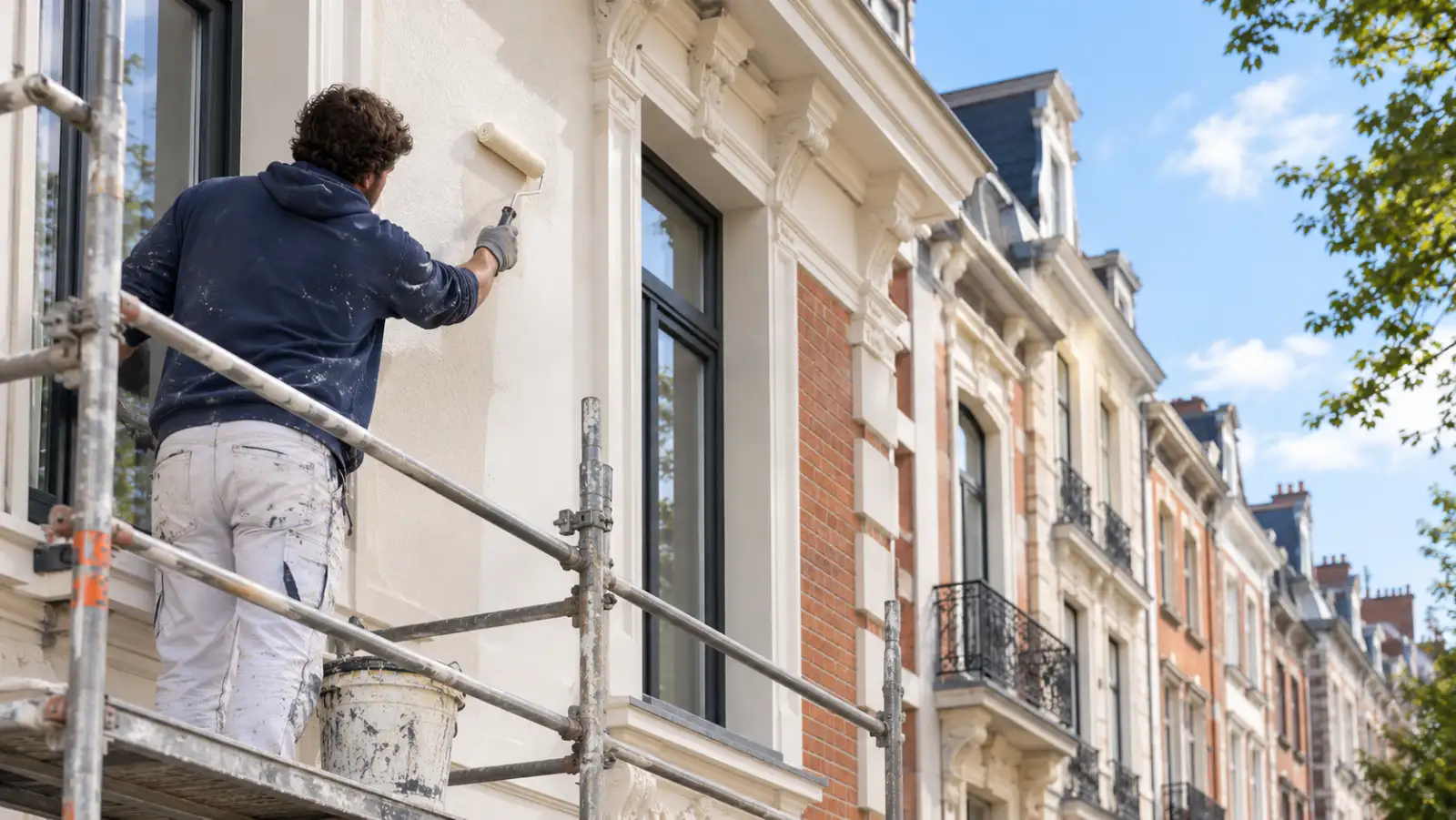 Peintre sur échafaudage repeignant la façade d'une maison de maître à Bruxelles