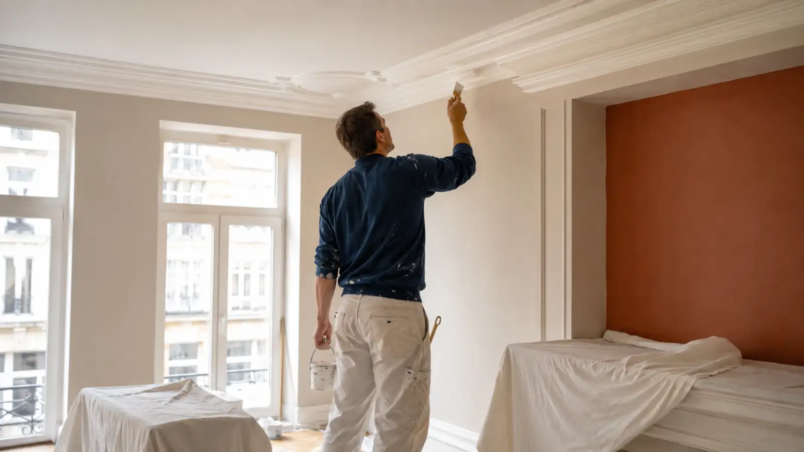 Peintre traçant une coupe au plafond dans un appartement bruxellois à moulures