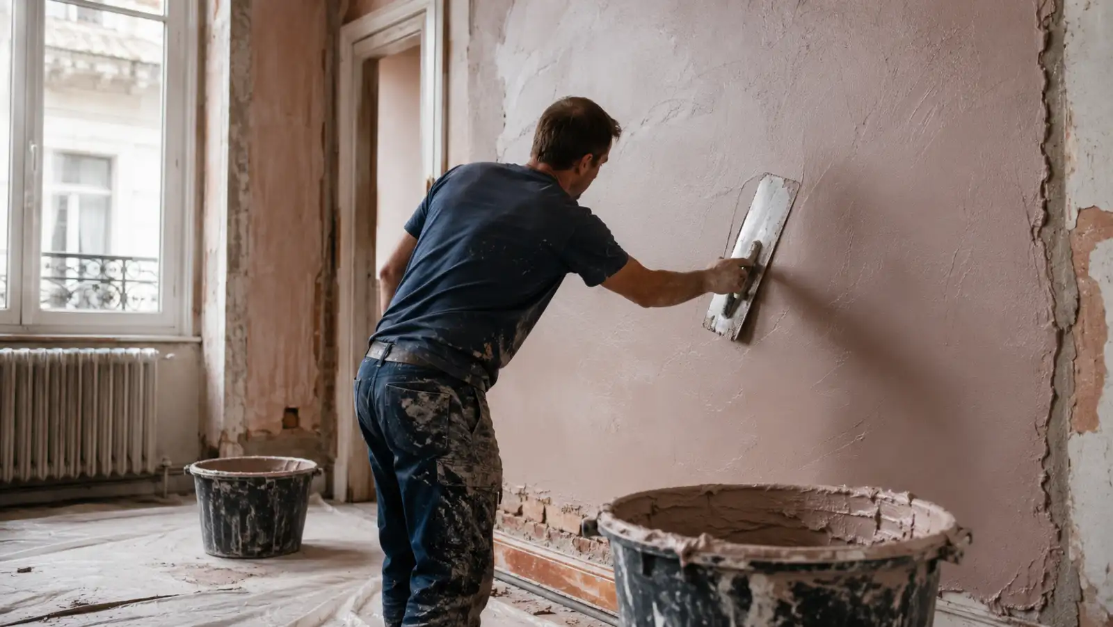 Plafonneur lissant un enduit au plâtre à la taloche dans une pièce en rénovation