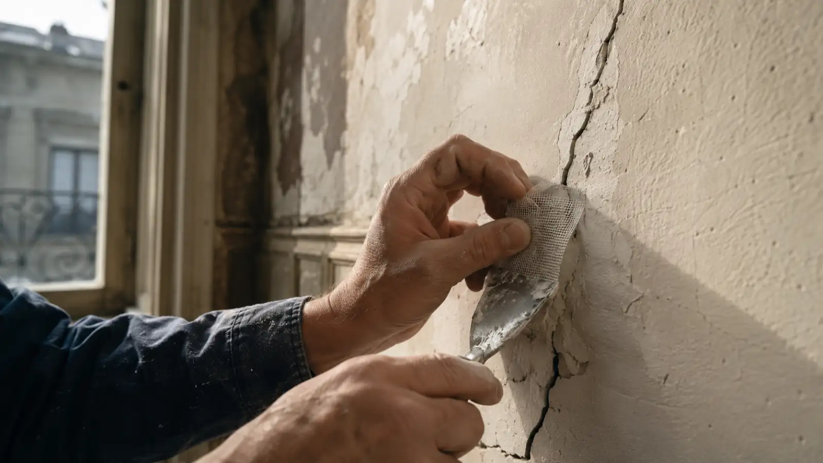 Réparation d'une fissure dans un mur en plâtre avec couteau à enduire et bande de renfort