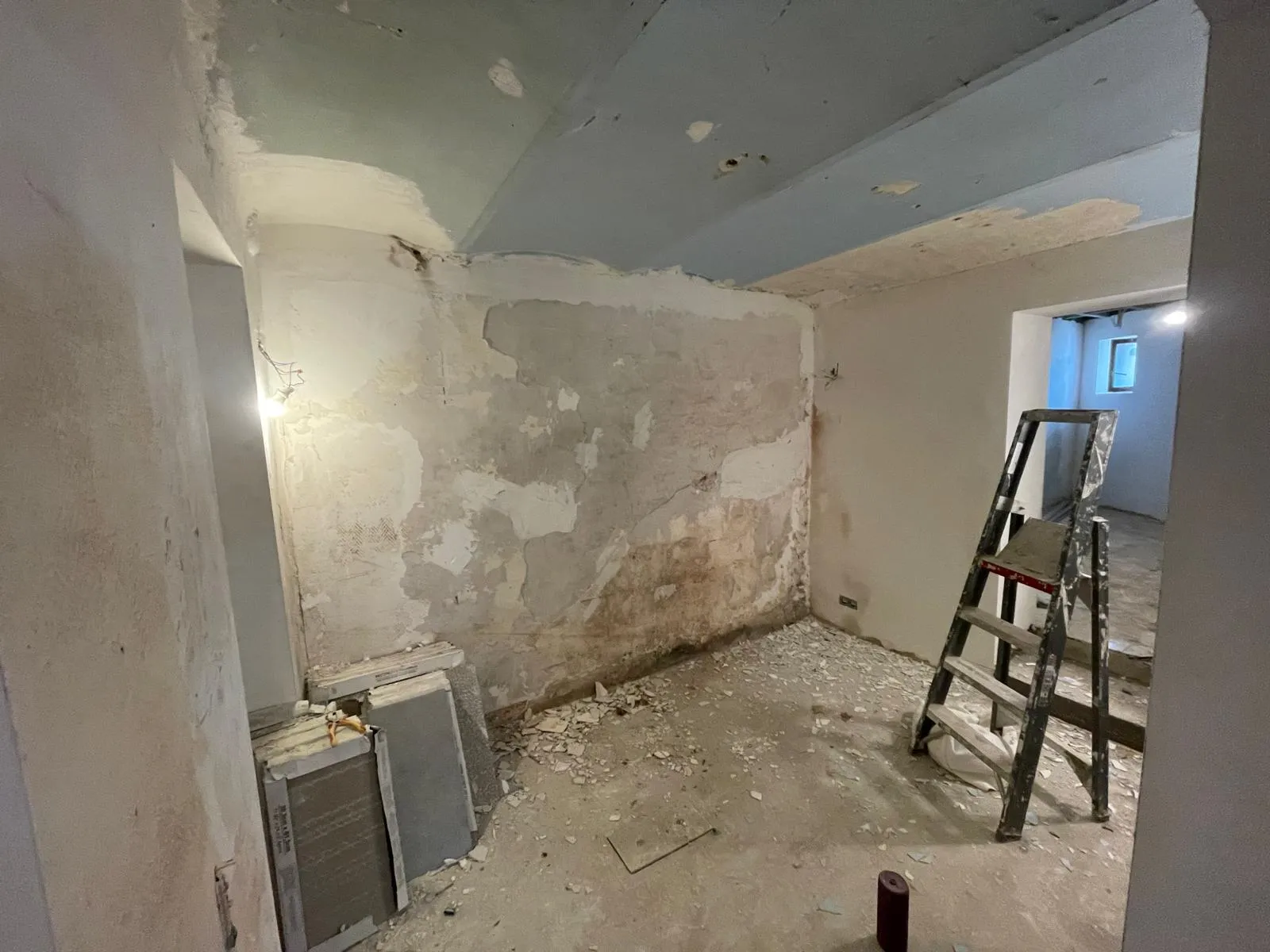 Avant travaux : murs à la peinture écaillée et plâtre dégradé, plafond à reprendre, échelle de chantier