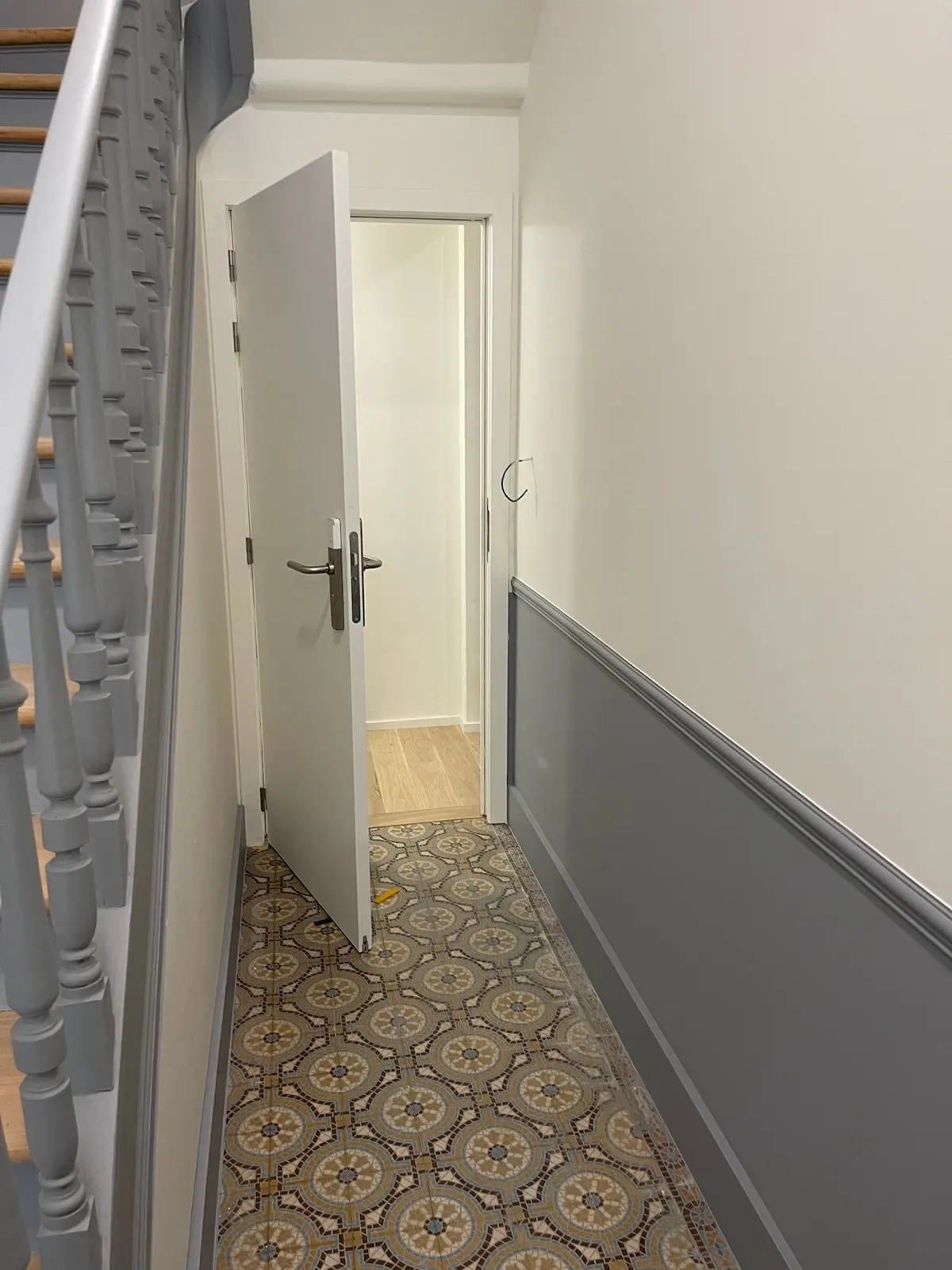 Couloir à soubassement gris et carreaux de ciment, porte intérieure laquée blanche